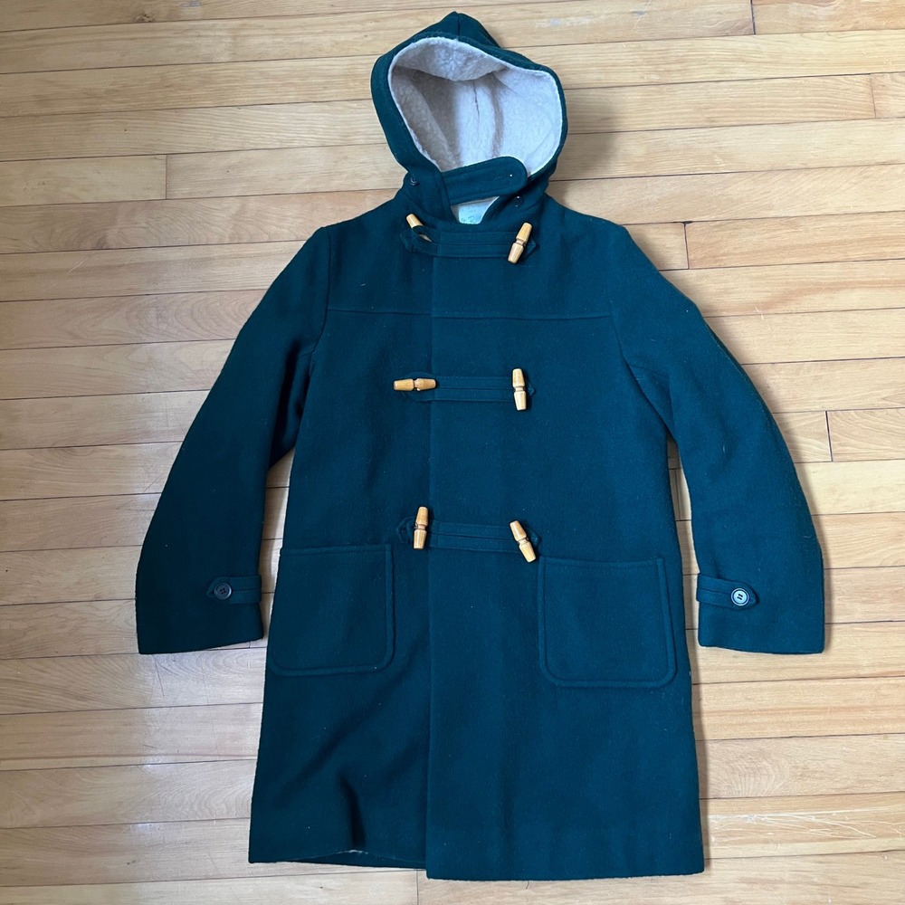Holt Renfrew Vintage Wool Duffle Coat Forest Green Made in England Hooded Sz 14